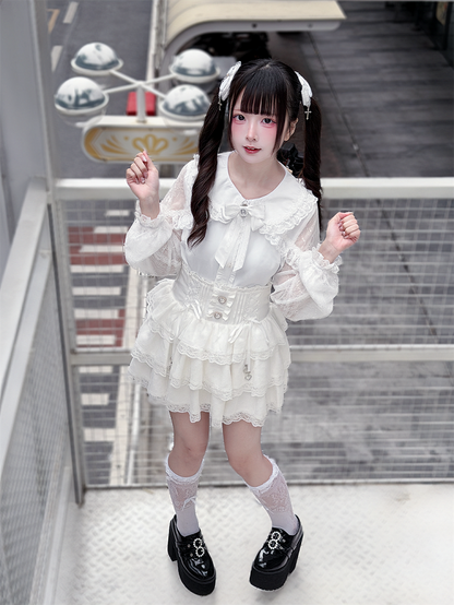 Style Design with Bow Landmine Long-Sleeve White Blouse Tie Cape Lace