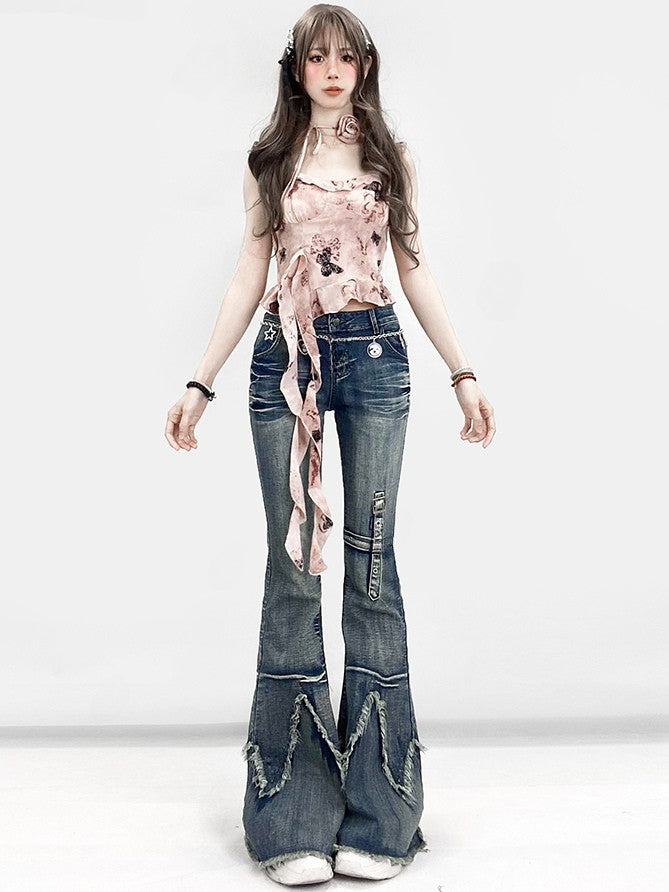 Cami Top Choker Asymmetrical Pink Hem Oil Rosette Painting And Print Glamorous Y2K With Butterfly