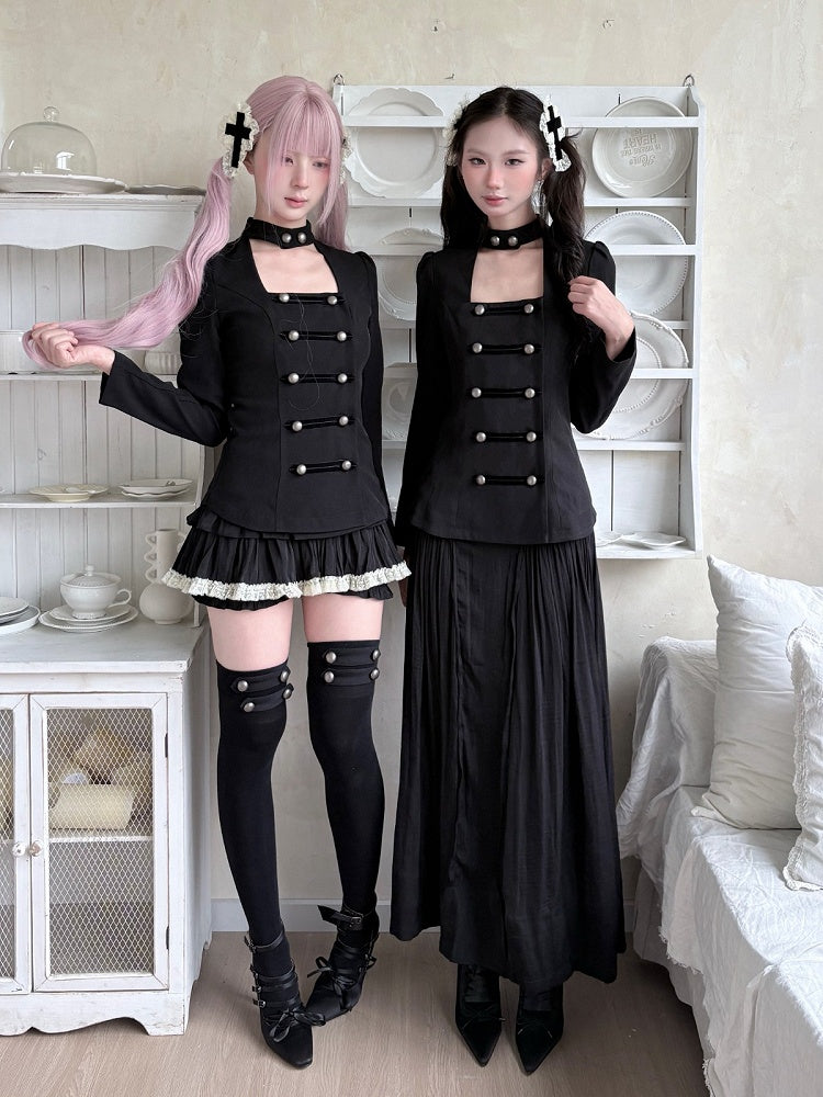 Gothic Black Ruched Maxi Skirt with Lace Cross Embellishment - Damn Girl