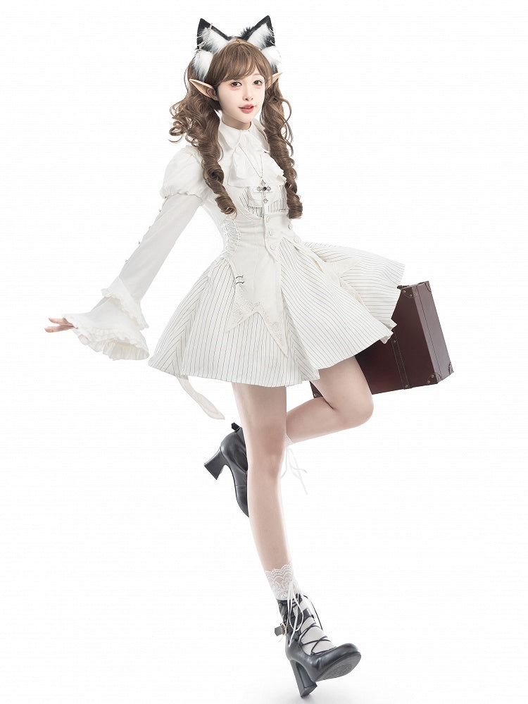 White Striped Pattern Lolita Dress + Waistcoat + Cropped Top Full Set