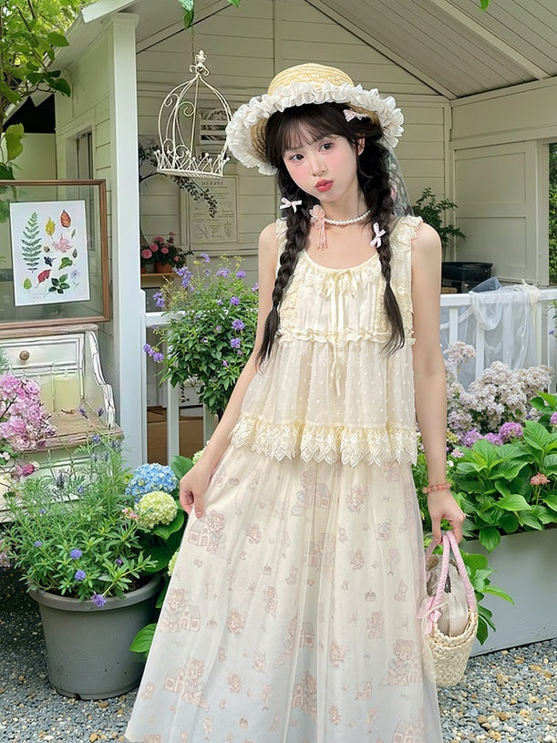 セルフタイタンクトップ リボンレーストリム エレガント ベージュ テ​​ィアード