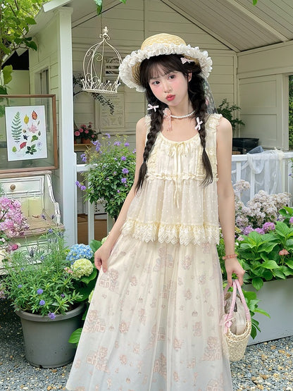 セルフタイタンクトップ リボンレーストリム エレガント ベージュ テ​​ィアード