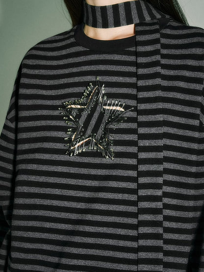 Punk Star Black Striped Top Pins Sleeves and Loose Gray Long
