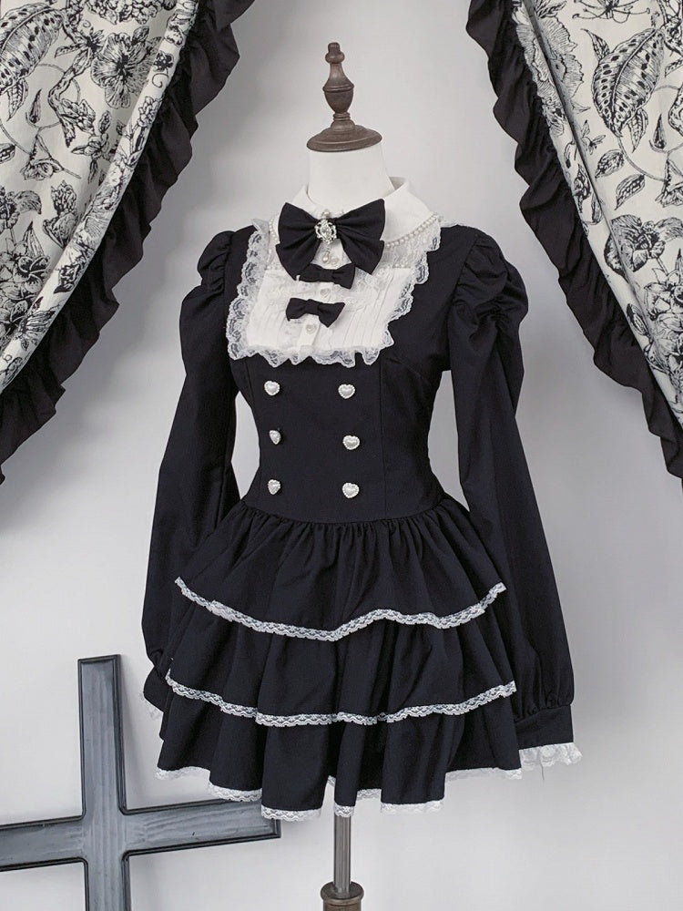 Black Jirai Kei Two-Piece Set with Tiered Ruffle Dress, Bows, Lace & Bloomers - Virtual Paradise