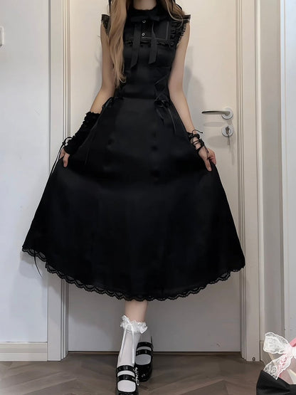 Version Waist Sleeveswith Long Ballet Dress:Flutter Black Lace-Up Style PureInnocent