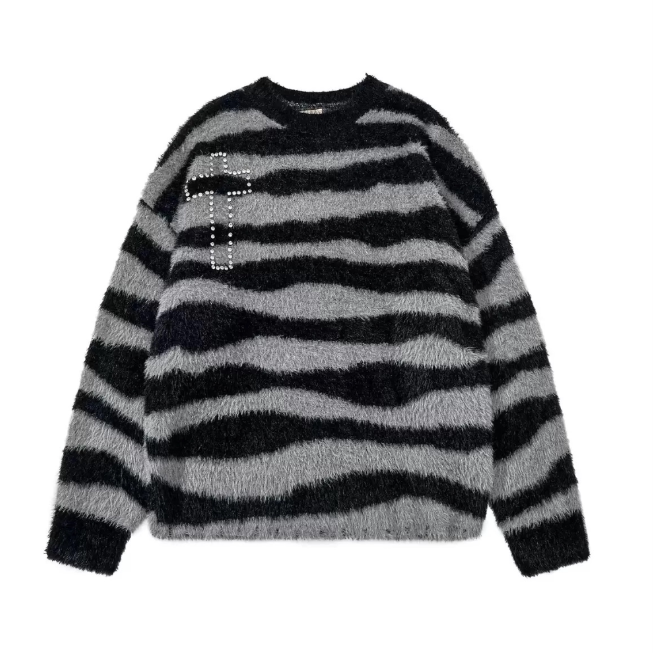 With Pattern Black Sweater Cross Knit Punk Gray Striped