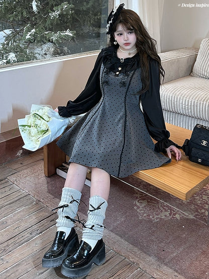 Plus Size Grey Bow Accents High Waist Polka-dot Pattern Dress