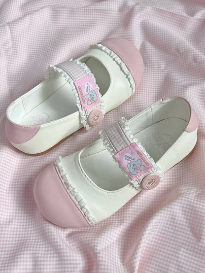 Strap Closures Plaid Lolita Flats White Toe Lace - Pink Trim Sweet Round Velcro