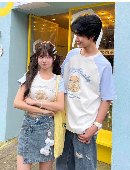 Blue Colorblock Design Capybara Burger Print T-Shirt Long/Short Version