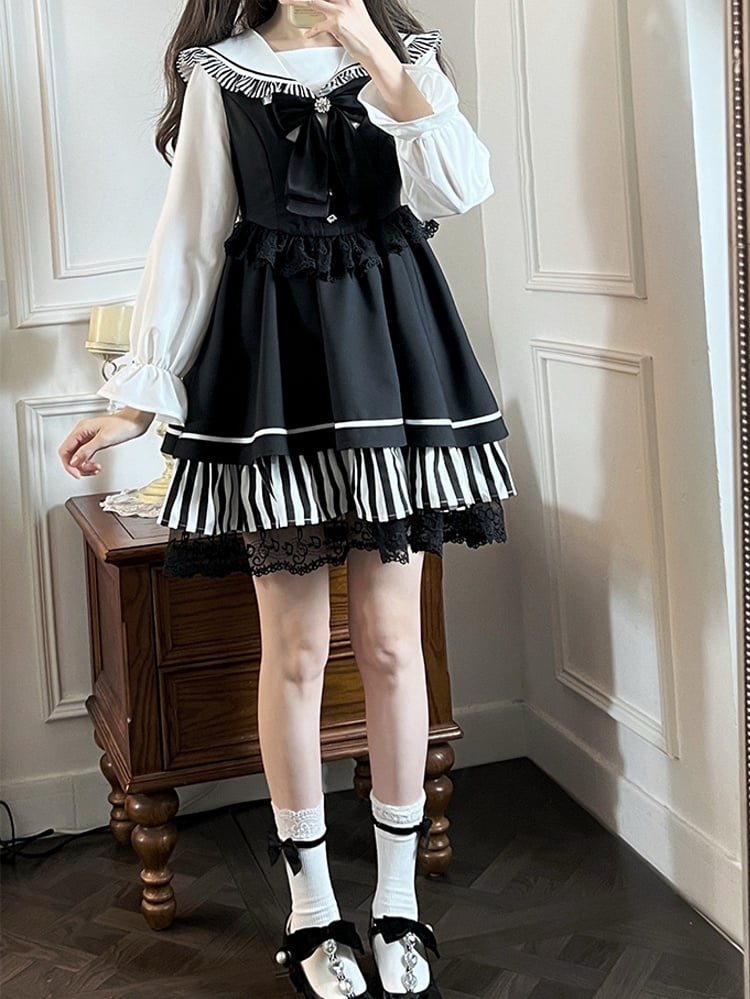 Schwarze Jirai Kei Sailor Collor Bluse mit hoher Taille und Spitzenbesatz, Overall-Kleid-Set