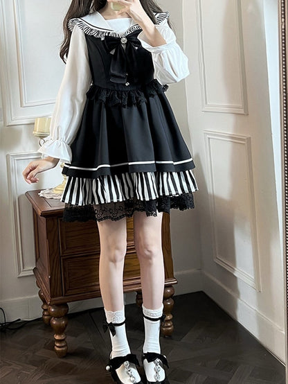 Schwarze Jirai Kei Sailor Collor Bluse mit hoher Taille und Spitzenbesatz, Overall-Kleid-Set