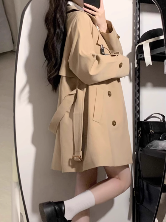 Taille JK Mantel Gürtel Uniform Graben Schwarz/Khaki Mit