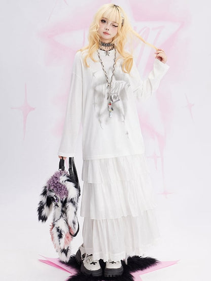 ホワイトスタープリント ルーズロングスリーブTシャツ