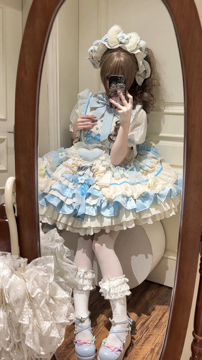 Kleid Taille Tiered Rüschen Lolita Blau Dekoration Bowknot Hohe Süße Rock
