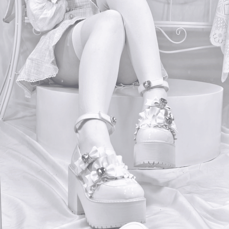 with Landmine Matte 10cm Heel Platform Rhinestones Chunky Glitter White Bowknot Shoes Style Heart