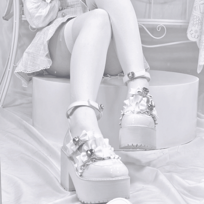 with Landmine Matte 10cm Heel Platform Rhinestones Chunky Glitter White Bowknot Shoes Style Heart