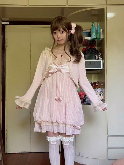 Pink Bow Polka Dot Sleeveless Bubble Dress with Lace - Tan Tuan