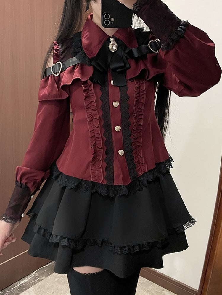 Jirai Button Blouse: Red Sweetheart Closure Wine Kei