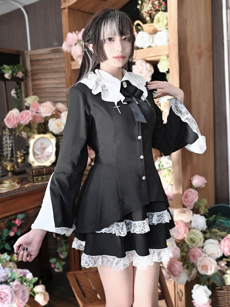 Tiered Lace Gothic Flat Skirt Collar with + Set: Two-Piece White and Black Bell Pointed Trim Sleeves Top