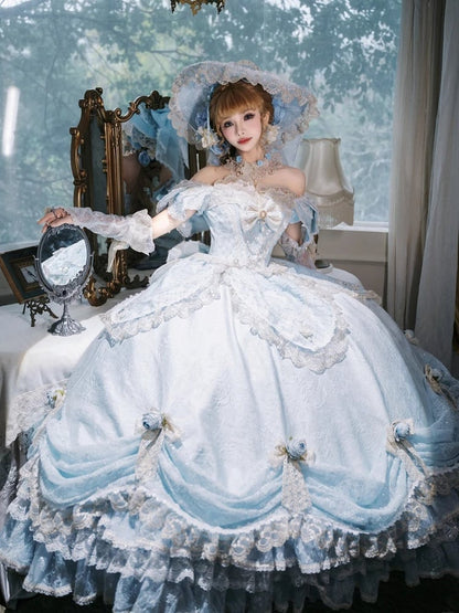 Light Blue Off-Shoulder Hime Lolita Gown - Layered Lace Princess Dress