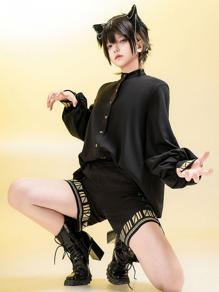 ロング刺繍シャツスタイルブラックカフスゴールドロリータ王子スリーブエジプト