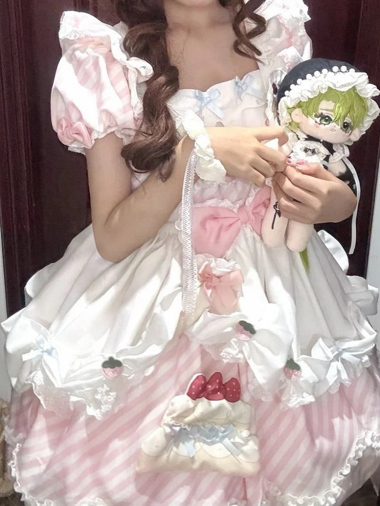 Dress Puppy OP Sleeves Brooch Apron Sweet Decor + Skirt Cake and Bubble Lolita Bow Stripe Pink with Train Detachable