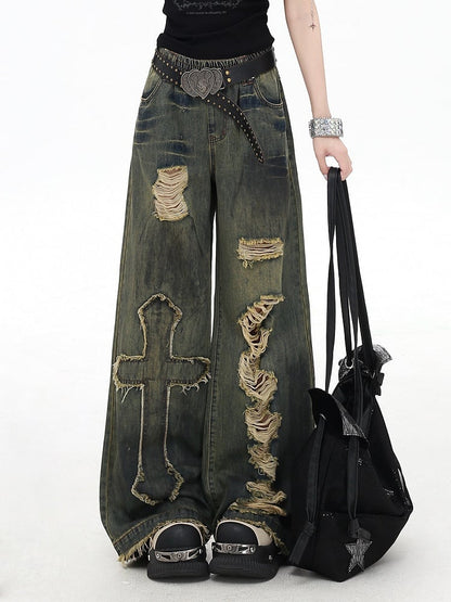 Y2K Cross Applique Blue Distressed Holes Wide-Leg Jeans Vintage