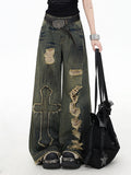 Distressed Vintage Wide-Leg Blue Jeans with Cross Patches - CRAZY GIRL