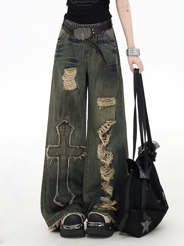 Distressed Vintage Wide-Leg Blue Jeans with Cross Patches - CRAZY GIRL