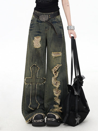 Distressed Vintage Wide-Leg Blue Jeans with Cross Patches - CRAZY GIRL