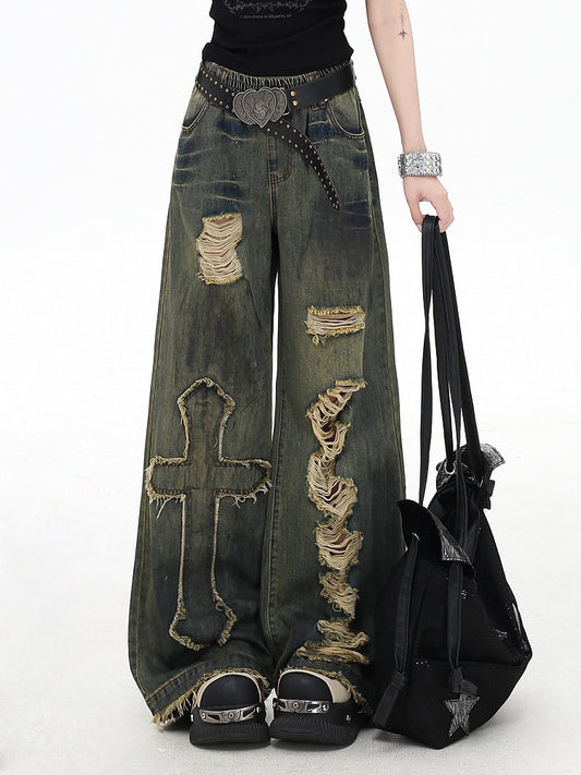 Distressed Vintage Wide-Leg Blue Jeans with Cross Patches - CRAZY GIRL