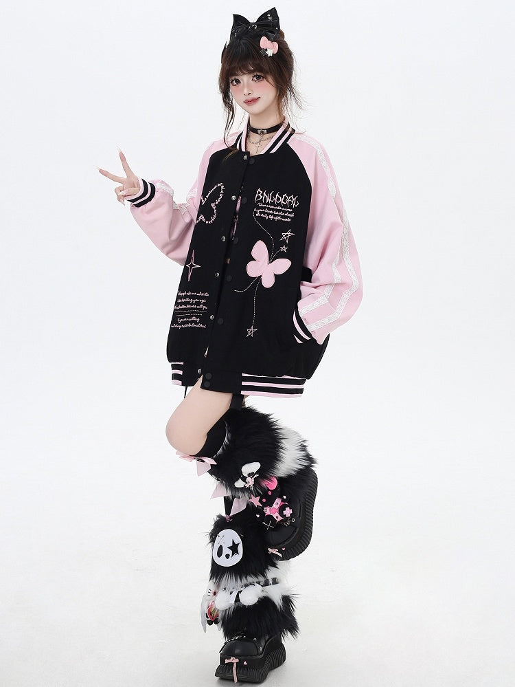 ブラックとピンクのカラーブロックデザイン バタフライベースボールジャケット