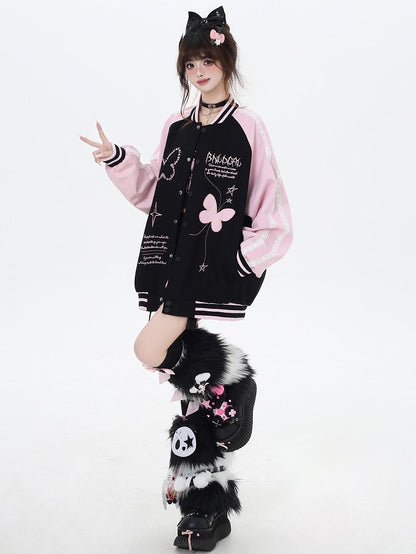 ブラックとピンクのカラーブロックデザイン バタフライベースボールジャケット