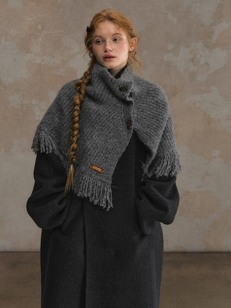 Toggle with Frayed Closure and Knit Edges Shawl Camel/Gray Cozy Winter