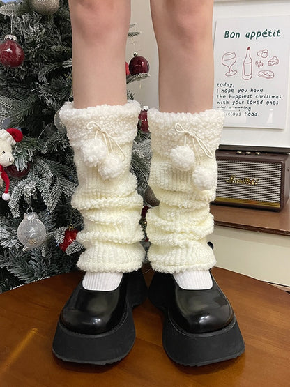 カーキ＆ブラウンのポンポン付きスウィートレッグウォーマー