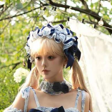 Blue & White Porcelain Style Rose Bow Hairband - Sleepless Star