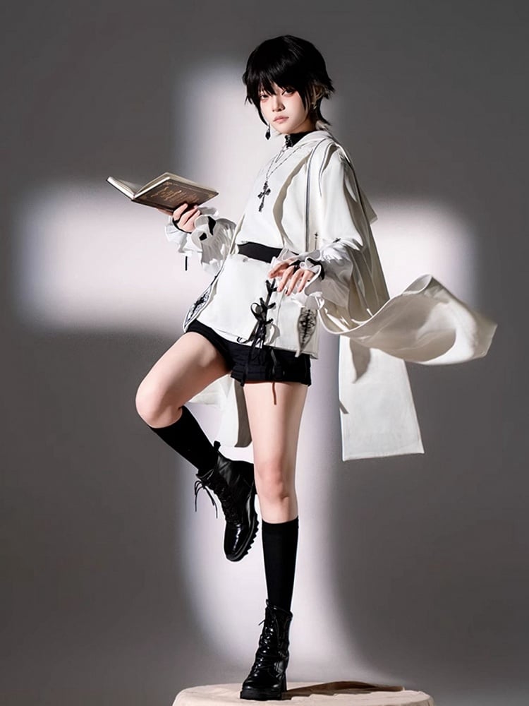 Fashion - Sleeveless Stoles Shorts Shirt + Full Sleeves Top Long Nun Ouji Lolita Hooded White Black Set