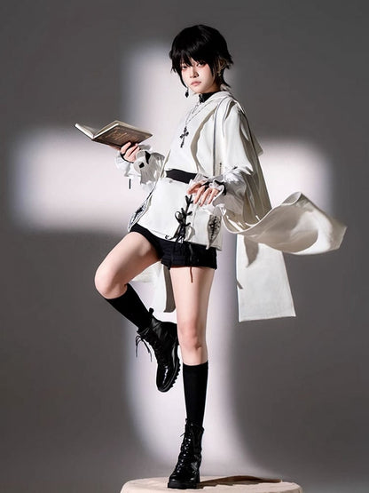 Fashion - Sleeveless Stoles Shorts Shirt + Full Sleeves Top Long Nun Ouji Lolita Hooded White Black Set