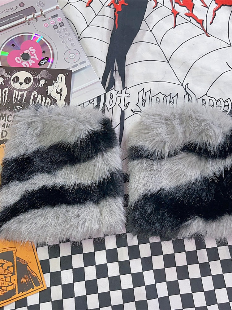 ベージュ/グレー Y2K ゼブラストライプ柄 25cm レッグウォーマー