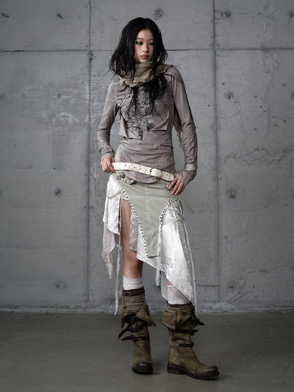 Knit Vintage Wing Print with Design Cross Deconstructed Gray Top Punk