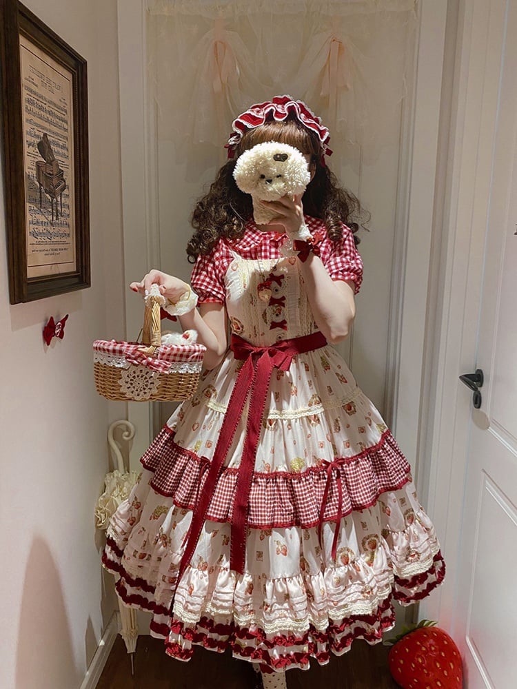 with Sweet Print Red Gingham and Dress Strawberry Ruffle Layers Lolita