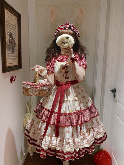 with Sweet Print Red Gingham and Dress Strawberry Ruffle Layers Lolita