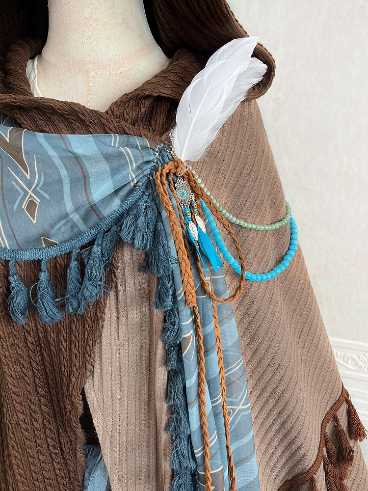 Wasteland Style Brown Asymmetrical Lolita Cape with Tassel & Bead Accents - Xiong Dou Jiang