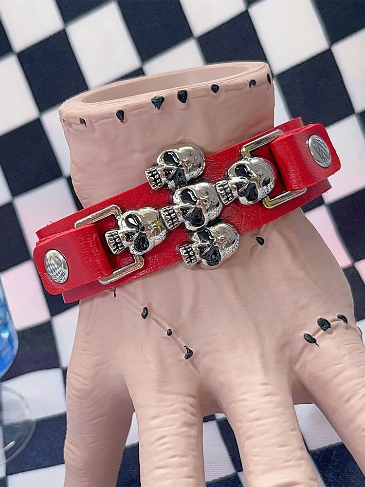 Y2K Black/White/Red Cross Punk Skull Bracelet PU Metal
