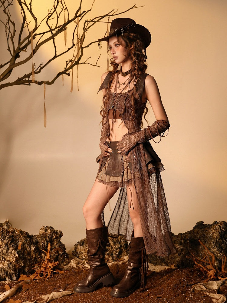 Wasteland Brown Cardigan with Sheer Mesh Cutouts - Virtual Orbit