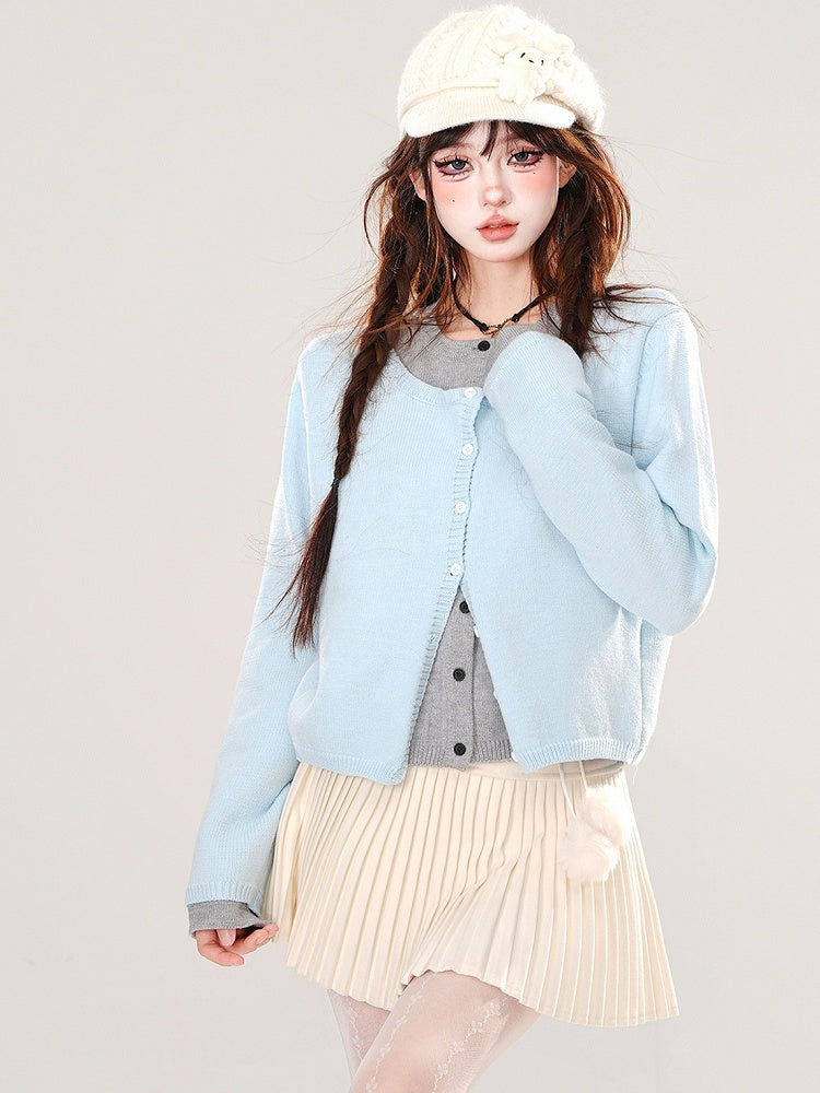 Blue/Dark Grey Fake Two-piece Cardigan