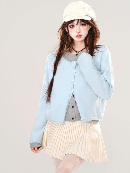 Blue/Dark Grey Fake Two-piece Cardigan