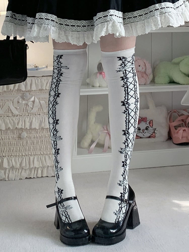 Old School Lolita Overknee-Strümpfe mit Schleife