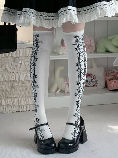 Old School Lolita Overknee-Strümpfe mit Schleife