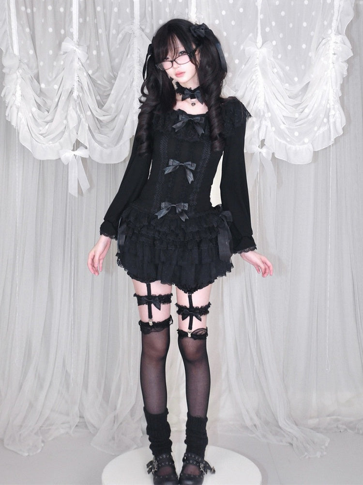 Autumn Dark Fashion Long-Sleeve Top with Black Lace & Bow Decor Plus Matching Choker - HBreaker